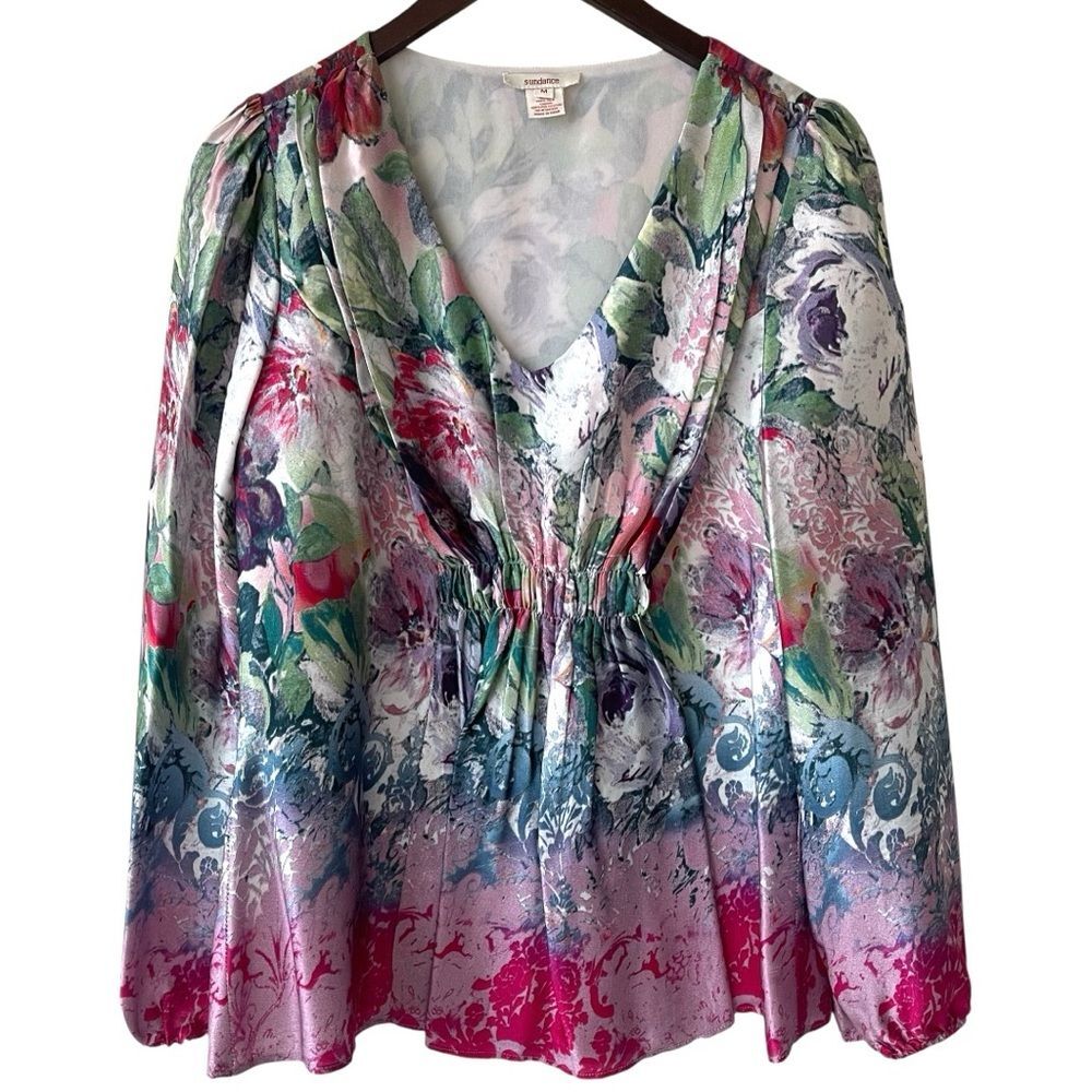 SUNDANCE Woman floral long sleeve Silk blouse Medium Lagan Oversized Top